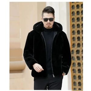 Veste d'hiver en Faux cuir pour hommes, fourrure de vison artificielle, Slim, mode formelle, à capuche, épais et chaud, manteau moyen, 231020