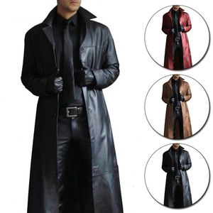 Trench-Coat en cuir pour hommes, coupe-vent Vintage de Style britannique, beau manteau de couleur unie, coupe cintrée, veste longue, grande taille S-5XL 240122