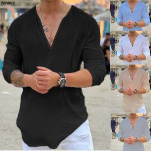 Nuevas camisetas de moda para hombres Diseñador con cuello en V Casual Sólido Camiseta para hombre 2023 Camisa de lino de algodón Camisetas para hombre Top Tees Trajes Blusas de verano S-3xl