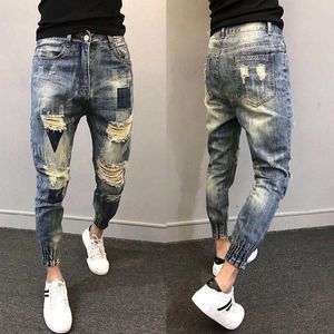 Pantalons pour hommes 2021 mode déchiré à la mode pantalon à lacets jambe et cheville jean Slim Harem