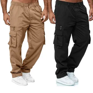 Pantalones para hombres 2024 Cargo Verano Botón Zip Cintura elástica Pantalones sueltos Casual Multi-Bolsillo Deportes rectos Ropa al aire libre