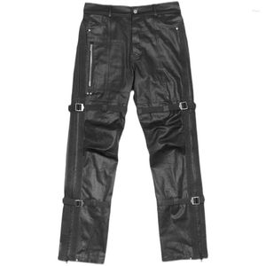 Pantalon pour hommes Noir Sangle Brosse Cire Mécanique PU Cuir Hip-Hop Mode Punk High Street et Pantalons décontractés pour femmes Moto