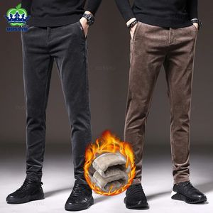 Pantalones para hombres Ropa de marca Invierno Fleece Cálido Pana Hombres Negocios Color Sólido Desgaste Coreano Gris Marrón Trabajo Flocado Pantalones Casuales 231205