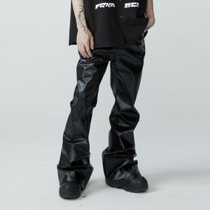 Pantalon Homme Casual Slim Fit Minceur Polyvalent Lourd Crack PU Cuir All-Match Et Femme Designer Street Noir