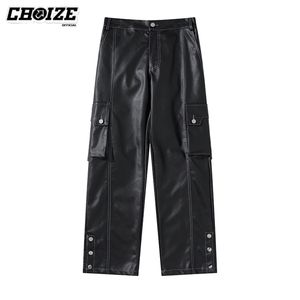 Pantalones para hombres elegir moda negro PU imitación cuero mujeres pierna recta pantalón pantalones sueltos unisex streetwear baggy punk oscuro carga hombres 220826