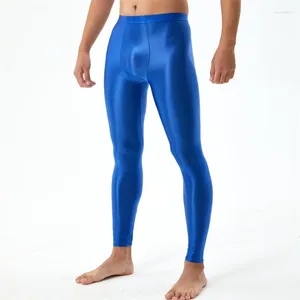 Pantalones para hombres Leggings de satén brillante Hombre Gimnasio Cintura alta Flaco Sheer Sexy Smooth Yoga Ver a través de medias deportivas Pantalones de hombre