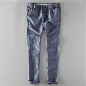 Pantalones para hombre, Color gris jaspeado, finos, transpirables, de lino, informales, rectos, con cintura elástica, largos, de talla grande
