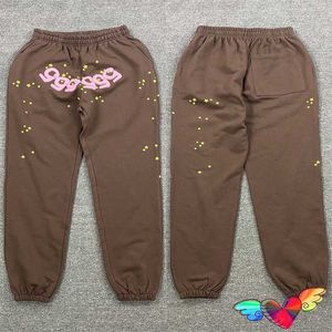 Pantalones de hombre Tela pesada Marrón Young Thug Spider Pantalones de chándal Hombres Mujeres Sp5der Pantalones Hip Hop Pink 3D Foam Print 555555 Pantalones F9OZ