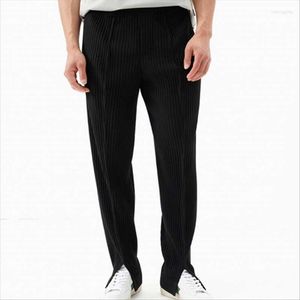 Pantalones de hombre de alta calidad, pantalones casuales plisados Miyake negros y grises para hombre con aberturas, ropa de calle de moda para hombre