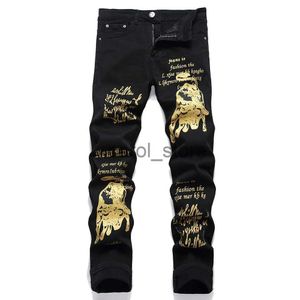 Pantalon homme Jeans imprimé vache dorée lettres de mode peint pantalon en Denim extensible Slim effilé pantalon noir J231208