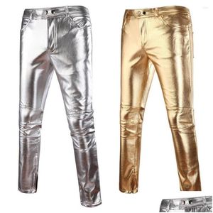 Pantalon Homme Noir Pantalon Décontracté Homme Pantalon Maigre Brillant Or Sier Pu Cuir Moto Discothèque Scène Pour Chanteurs Danseurs Dhlnd