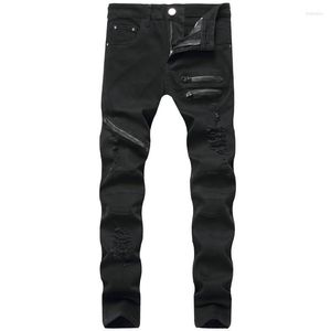 Pantalons pour hommes Crayon de mode pour hommes Couleur unie Pantalon déchiré à taille haute Conception à fermeture à glissière Coupe près du corps pour hommes Noir / Blanc / RougeDrak22 pour hommes