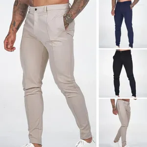 Men's Pants Solid Color Trousers Breathable Slim Fit Business With Ankle Length Slant Pockets Mid Waist For Comfort