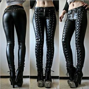 Pantalones para hombres Steampunk Mujeres Faux Cuero Cosplay Carnaval Fiesta Flaco Botón Pantalones Entrenamiento Leggings High Cintura Chica 231216