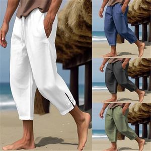 Pantalones para hombres para hombres de verano lino recortado pies de gran tamaño suelto bifurcado pantalón pantalón moda pantalones de playa pantalones de playa