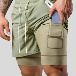 Pantalones cortos para hombre 2 en 1 para correr verano elástico culturismo pantalones de chándal Fitness verde militar práctica Jogger gimnasio entrenamiento