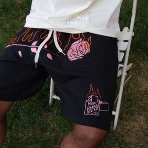 Shorts pour hommes Shorts Hommes Ins Été Américain Brodé Flaming Rose Shorts À La Mode Hip Hop Lâche Rue Lâche Casual Sports Pantalon À Cinq Points T230714