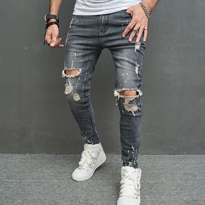 Jeans skinny pour hommes Casual Slim Peint Coloré Blanchi Biker Jeans Denim Genou Trou hiphop Pantalon Déchiré Lavé Haute qualité En détresse Vintage