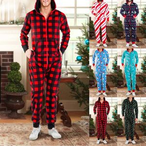 Vêtements de nuit pour hommes Automne Hiver Onesies Hommes Plaid Noël Elk Imprimer Zipper Épais Polaire À Capuche Combinaison Navidad Hood Pyjamas Vêtements De Nuit