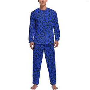 Vêtements de nuit pour hommes Pyjamas de plantes bleues Homme Feuilles Imprimer Élégant Printemps Manches longues 2 pièces Ensemble graphique de sommeil