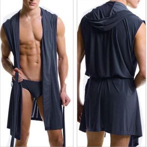 Vêtements de nuit pour hommes peignoirs européens glace soyeux hommes à capuche sans manches peignoir N2N hommes grande taille chemise de nuit nuisette 2023