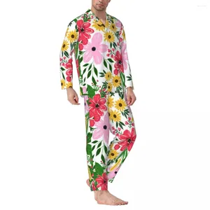 Pyjamas de vêtements de nuit pour hommes Hommes Fleurs lumineuses Sommeil Rose Rouge Floral 2 pièces Ensembles de pyjama décontractés Manches longues Costume de maison surdimensionné romantique