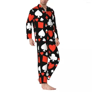 Vêtements de nuit pour hommes cartes de Poker pyjamas ensemble coeurs rouges mode homme manches longues loisirs décontractés 2 pièces vêtements de nuit grande taille 2XL