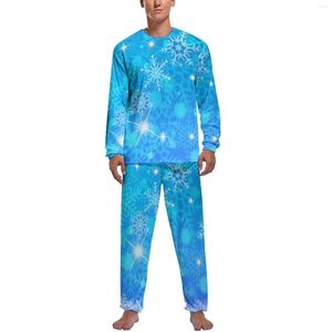 Ropa de dormir para hombre, pijamas de copo de nieve brillantes, estampado azul, encantador traje para casa, conjunto de diseño informal de dos piezas de manga larga de otoño