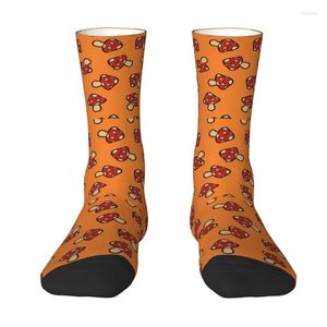 Calcetines de hombre estampado divertido patrón de hongo feliz en naranja para mujeres hombres estiramiento verano otoño invierno tripulación