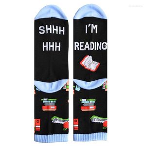 Calcetines de hombre Unisex con frase divertida, novedad, algodón, equipo Shhh, estoy leyendo letras, libros de dibujos animados, estampado, medias de tubo medio, regalo de Navidad