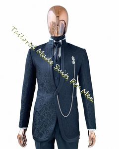 Traje para hombres Vestidos de noche de lujo para el novio 2023 Slim Fitted Black Jacquard Blazers Conjuntos 3 piezas Busin Social Ropa formal M4ZE #