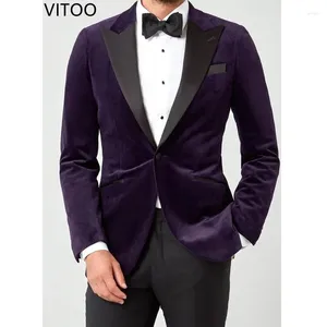 Costumes pour hommes 2 pièces de costume décontracté en velours violet avec pantalon noir modèle mince mariage marié smoking mode dîner réception veste