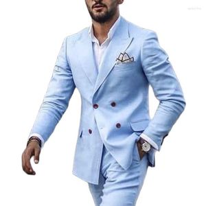 Costumes pour hommes 2023 Vêtements à la mode pour hommes Sky Blue Peaked Revers Double-Breasted Business Office Formel Slim Fit Wear 2 pièces