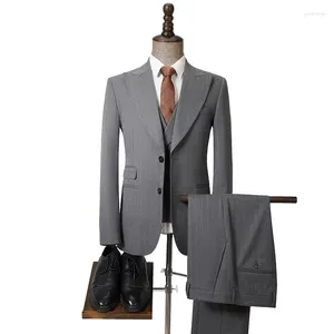 Costumes pour hommes 2023 haut de gamme hommes (costume gilet pantalon) costume de mariage coupe ajustée gris rayé coréen décontracté trois pièces ensemble