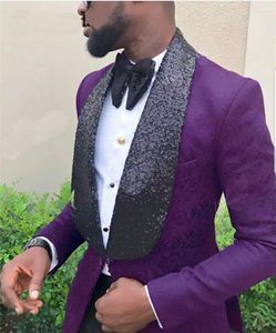 Costumes masculins 2024 Hommes Suit Purple Floral Black Sequin Adpel Slim Fit Smok