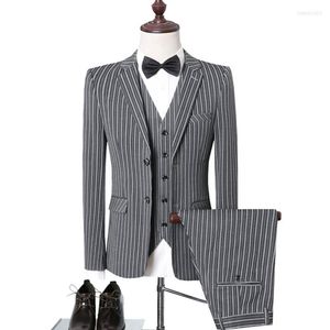 Trajes de hombre Otoño Hombre Slim British Wedding Vertical Stripes Dress Blazer / Hombre Traje de tres piezas Abrigo Chaleco Pantalones Pantalones Chaleco