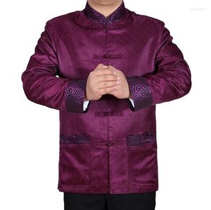 Costumes pour hommes, robe de Banquet, tunique chinoise d'âge moyen, veste pour hommes, Blazer, manteaux, Style Tang, col montant, violet