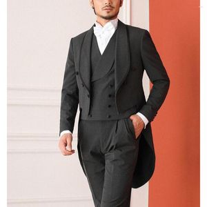 Men's Suits Black Fashion Male Shawl Lapel Long Jacket With Double Breasted Cotton And Linen Wedding Suit For Men 3 Piece Slim Fit