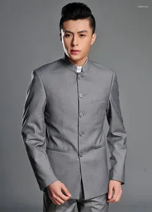 Trajes para hombre, Blazer, vestido Formal para hombre, últimos diseños de abrigo, traje túnica China, matrimonio, boda, cuello levantado, gris, negocios