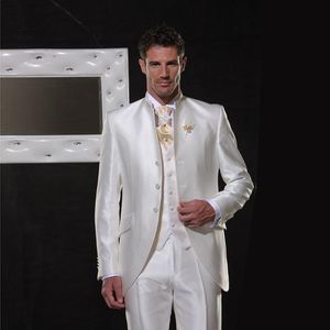 Costumes pour hommes Blazers 2021 Italie rétro blanc Satin col montant hommes sur mesure scène mariage costume pour garçons d'honneur fête Tuxedos 3 pièces