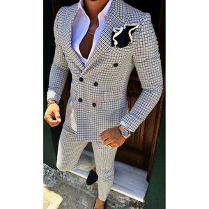 Trajes para hombres Blazers Moda Traje de celosía Slim Fit Prom Boda para hombres Novio Esmoquin Chaqueta Pantalones Set Custom White Casual Menmen's