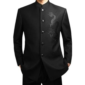Costumes pour hommes Blazers Noir Chinois Robe Costume Hommes Traditionnel Col Montant Apec Leader Vêtements Mâle Broderie Dragon Totem Tang 231216