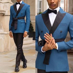 Costumes pour hommes Blazers Bleu pied de poule hommes costume sur mesure 2 pièces Blazer pantalon noir smoking avec ceinture moderne affaires mariage marié bal sur mesure 230222