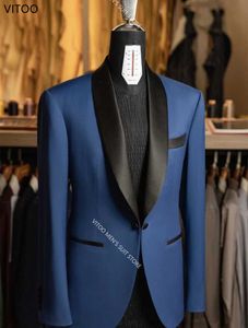 Trajes de hombre Blazers Traje de hombre azul Homme Esmoquin de boda 2 piezas Traje de hombre de negocios Slim Fit Hombre Blazer Abrigo Pantalón Último diseño Conjunto formal