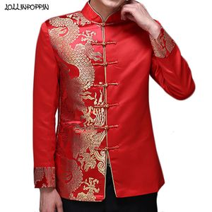 Costumes pour hommes Blazers Dragon Motif Jacquard Hommes Costume Rouge Veste Mandarin Col Traditionnel Chinois Hommes Satin Veste De Mariage Fermeture Grenouille 230825