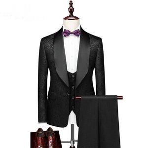 Costumes pour hommes Blazers Fashion Black Floral Mens 3 pièces Groomsmen Wedding Tuxedos For Men 2023 Châle Revers Bor Suit Formal Prom (Pantalon Veste V
