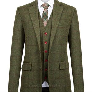 Costumes pour hommes Blazers Vert Laine Plaid Hommes Slim Fit Mariage Marié Tuxedo Notch Revers Business Party 3 Pièces Ensemble Costume Homme Veste Gilet Pantalon 231127