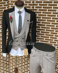 Trajes de hombre Blazers Landuxiu Traje de moda para hombre Borgoña Blazer Gris Chaleco y pantalones Novia Novio Tuxedo CostumeMen's
