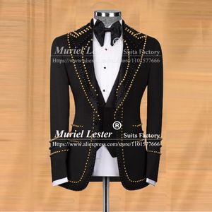 Costumes pour hommes Blazers Costumes de mariage de luxe pour hommes or/noir perles Blazer mâle Design de mode Banquet fête marié porter smoking grande taille 3 pièces ensemble 231110