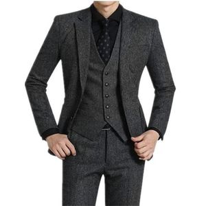 Trajes de hombre Blazers pieza gris Tweed hombres para boda solapa en pico personalizado Casual novio esmoquin 2022 invierno hombre moda ropa chaqueta Pantalones